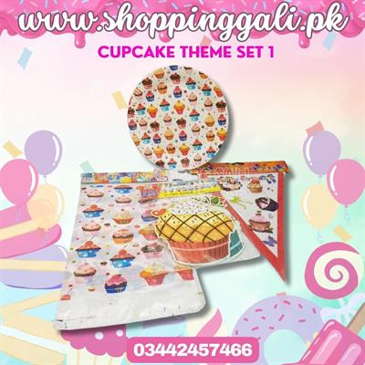 CUPCAKE THEME PARTY SETS ( PAPER PLATES , TABLE COVER , CUTOUT BANNER AND BUNTINGS )