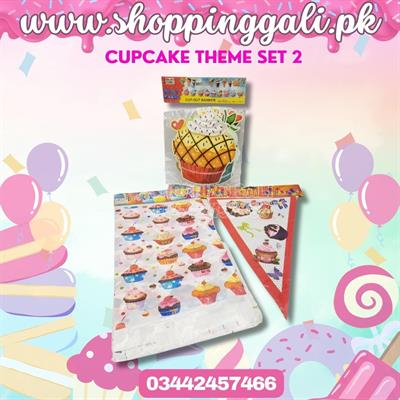 CUPCAKE THEME PARTY DECOR SET ( CUTOUT BANNER , TABLE COVER AND BUNTINGS )