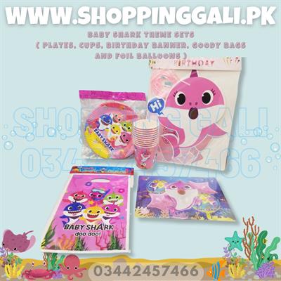 BABY SHARK THEME BIRTHDAY PARTY SETS IN PINK COLOR ( PLATES , CUPS , HAPPY BIRTHDAY BANNER , GOODY BAGS AND FOIL BALLOONS )