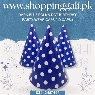 DARK BLUE POLKA DOT BIRTHDAY PARTY CAPS ( PACK OF 10 BIRTHDAY CAPS )