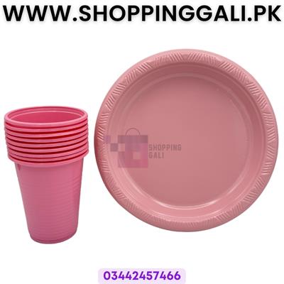 PINK COLOR PLATES AND CUPS - PLASTIC PLATES AND CUPS - PACK OF 10