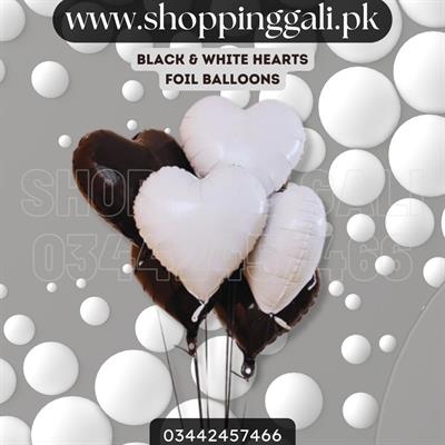 BLACK AND WHITE HEARTS FOIL BALLOON SET ( PACK OF 6 HEART SHAPE FOIL BALLOONS )