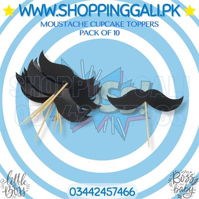 MOUSTACHE CUPCAKE TOPPERS ( PACK OF 10 CUPCAKE TOPPERS )