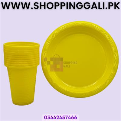 YELLOW COLOR PLATES AND CUPS - PLASTIC PLATES AND CUPS - PACK OF 10