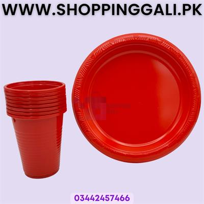 RED COLOR PLATES AND CUPS - PLASTIC PLATES AND CUPS - PACK OF 10