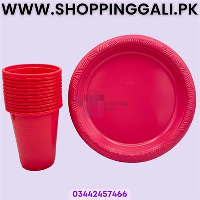 DARK PINK COLOR PLATES AND CUPS - PLASTIC PLATES AND CUPS - PACK OF 10