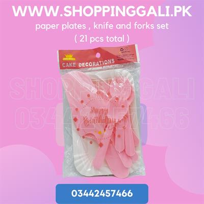 CAKE DECORATION HAPPY BIRTHDAY PARTY SET IN PINK COLOR ( 10 PAPER PLATES 10 FORKS 1 PLASTIC KNIFE SET )