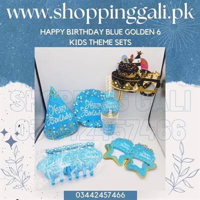 HAPPY BIRTHDAY BLUE GOLDEN COLOR THEME SET FOR 6 KIDS ( CAPS , PLATES , CUPS , STRAWS , PROP , WHISTLES AND MASKS )