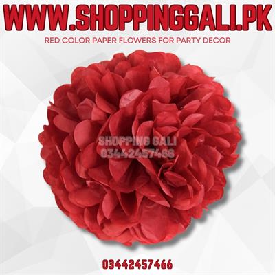 RED COLOR FLOWER POM POM - 9.5 INCH CREPE PAPER FLOWER POM POM