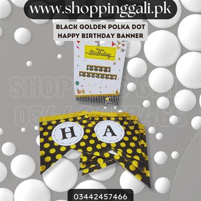 BLACK GOLDEN POLKA DOT HAPPY BIRTHDAY WORD BANNER WITH RIBBON LACE