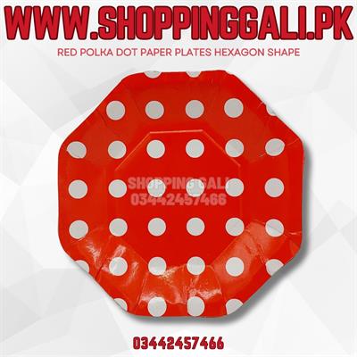 RED POLKA DOT PAPER PLATES IN HEXAGON SHAPE ( PACK OF 10 PAPER PLATES )