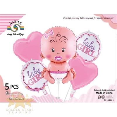 BABY GIRL FOIL BALLOON SET WITH PINK HEARTS FOIL ( PACK OF 5 FOIL BALLOONS )