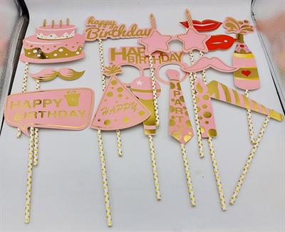 HAPPY BIRTHDAY PROPS PACK IN BABY PINK AND GOLDEN ( SET OF 15 PROPS )