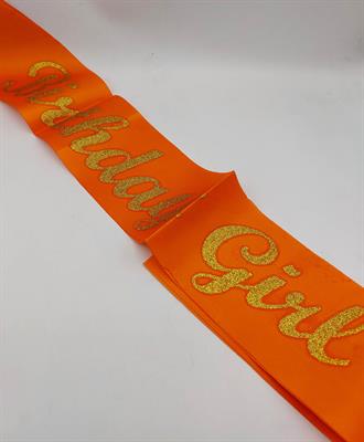 ORANGE AND GOLDEN COLOR BIRTHDAY GIRL SASH FOR PARTY WEAR