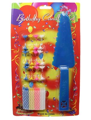 BLUE COLOR CAKE DECORATION CANDLE PLASTIC KNIFE WITH 24 CANDLES WITH STAND