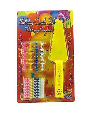 YELLOW COLOR CAKE DECORATION CANDLE PLASTIC KNIFE WITH 24 CANDLES WITH STAND