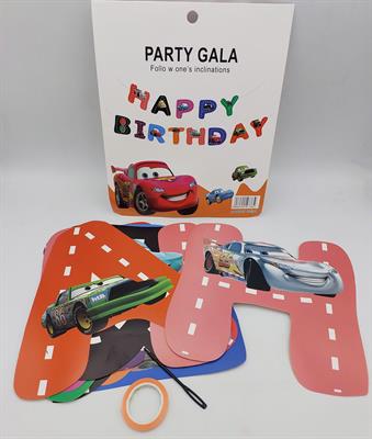 CARS THEME HAPPY BIRTHDAY WORD BANNER IN MULTICOLORS WITH RIBBON LACE