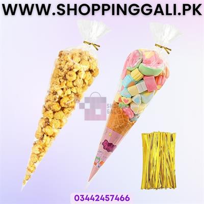 CLEAR CONE SHAPE CANDY BAGS - POPCORN BAGS - WEDDING BAGS - FLOWER BAGS - CONE SHAPE BAGS - PACK OF 25