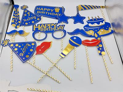 HAPPY BIRTHDAY PROPS PACK IN DARK BLUE AND GOLDEN ( SET OF 15 PROPS )