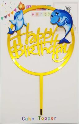 DOLPHIN ACRYLIC GOLDEN HAPPY BIRTHDAY CAKE TOPPER