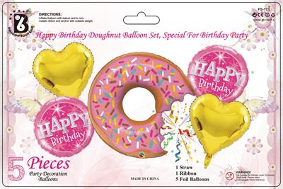 DONUT THEME FOIL BALLOON SET WITH GOLDEN HEARTS ( PACK OF 5 FOIL BALLOONS )