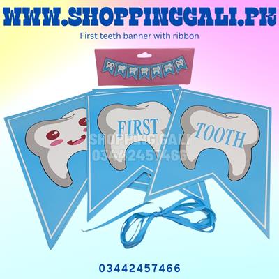 GOT MY FIRST TOOTH BANNER IN BLUE COLOR WITH RIBBON LACE