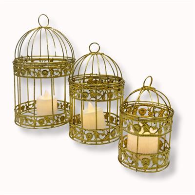 ENCHANTING TRIO: CASCADING GOLDEN CAGES SET WITH LED CANDLES