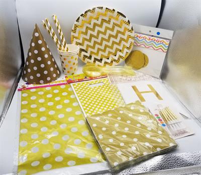 GOLDEN POLKA DOT THEME SETS ( CAPS , CUPS , PLATES , STRAWS , SPOONS , GARLAND , TABLE COVER , GOODY BAGS , HAPPY BIRTHDAY BANNER , NAPKINS AND CANDLE SET )