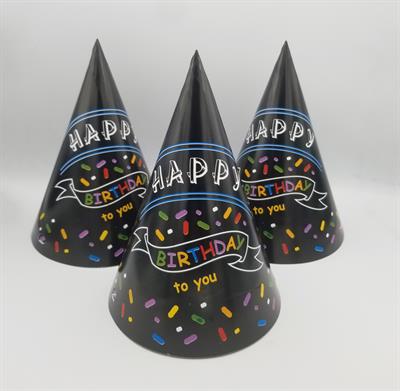 HAPPY BIRTHDAY BLACK MULTI CAPS ( PACK OF 10 BIRTHDAY CAPS )