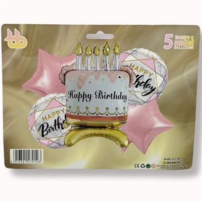 HAPPY BIRTHDAY FOIL BALLOON SET - CAKE SHAPE FOIL BALLOON - PINK STARS FOIL BALLOON - PACK OF 5 FOIL BALLOONS - BALLOONS DECORATION