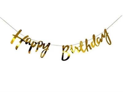 GOLDEN COLOR HAPPY BIRTHDAY CONJOINED WORD BANNER WITH RIBBON LACE