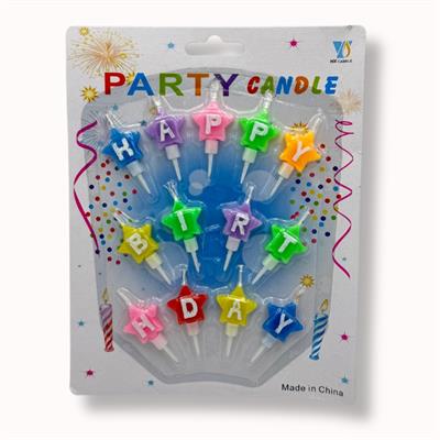 HAPPY BIRTHDAY CANDLES IN MULTI COLOR STARS SHAPE - MULTICOLORS CAKE DECORATION CANDLES - WORDS CANDLES - 13 PCS CANDLE SET