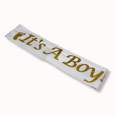 ITS A BOY BABY SHOWER SASH IN WHITE AND GOLDEN COLOR