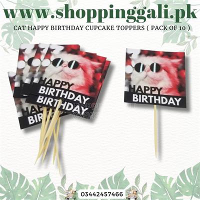 HAPPY BIRTHDAY CAT CUPCAKE TOPPERS - PACK OF 10 CUPCAKE TOPPERS