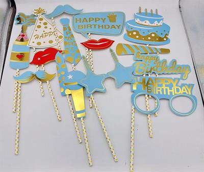 HAPPY BIRTHDAY PROPS PACK IN LIGHT BLUE AND GOLDEN ( SET OF 15 PROPS )