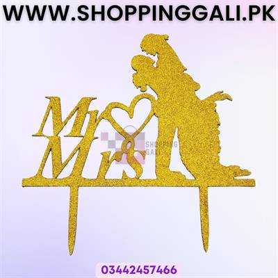 ANNIVERSARY CAKE TOPPER IN GOLDEN COLOR - MR MRS CAKE TOPPER