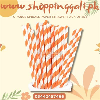 ORANGE WHITE SPIRALS DESIGN PARTY DECORATION PAPER STRAWS ( PACK OF 25 PAPER STRAWS )