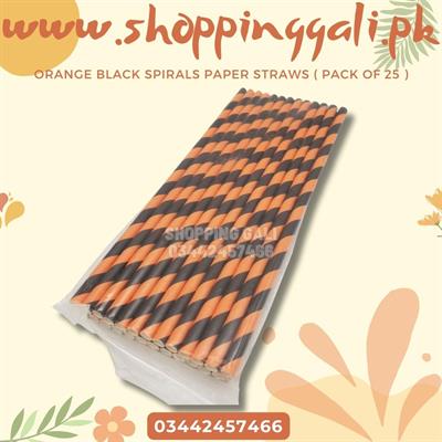 ORANGE BLACK SPIRALS DESIGN PARTY DECORATION PAPER STRAWS ( PACK OF 25 PAPER STRAWS )