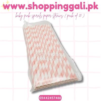 LIGHT PINK WHITE SPIRALS DESIGN PARTY DECORATION PAPER STRAWS ( PACK OF 25 PAPER STRAWS )