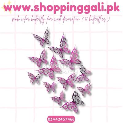 PINK COLOR 3D BUTTERFLY DECORATION STICKERS DIY WALL DECORATIONS NURSERY ROOM DECOR BUTTERFLY STICKS PACK OF 12 PCS