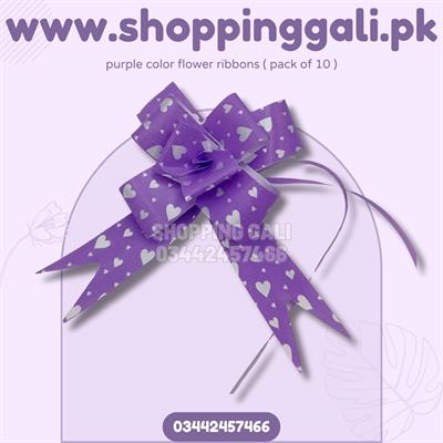 PURPLE WITH HEART STAMP FLOWER RIBBONS 18 INCH IN SIZE ( PACK OF 10 )