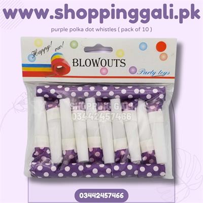 PURPLE POLKA DOT WHISTLES ( PACK OF 10 WHISTLES )