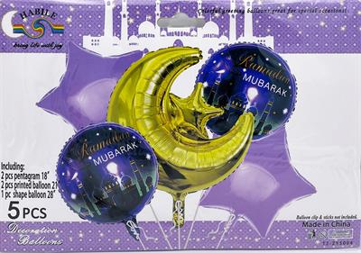 RAMADAN MUBARAK 5 PCS FOIL BALLOON SET CRESCENT STARS FOIL BALLOONS