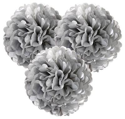 Paper Flower Pom Pom - 6 Inch Size - Silver Color - Pack Of 3