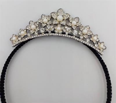 PARTY WEAR METAL TIARA CROWN IN SILVER COLOR WITH BLACK VELVET HAIR BAND