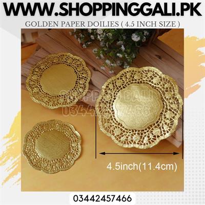 GOLDEN COLOR LACE PAPER DOILIES FOR TABLE DECORATION ( 11.4 CM IN SIZE )