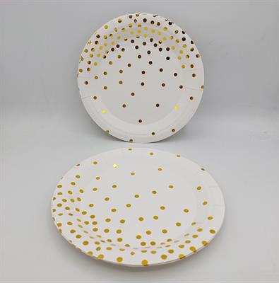 WHITE GOLDEN POLKA DOT PAPER PLATES ( PACK OF 10 PAPER PLATES )