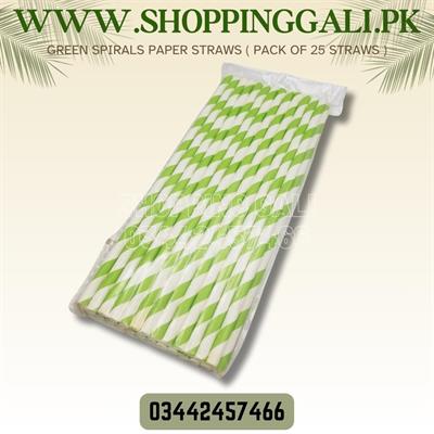 GREEN WHITE SPIRALS DESIGN PARTY DECORATION PAPER STRAWS ( PACK OF 25 PAPER STRAWS )