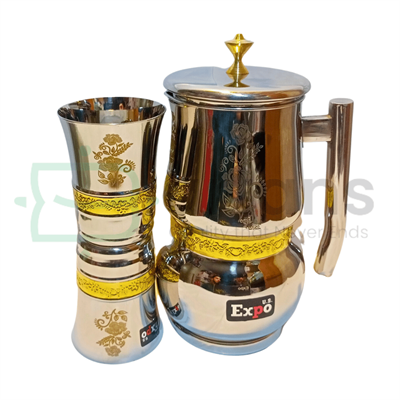 Expo Premium Quality Stainless Steel Brass Embossed Jug and Glasses Water Sets 