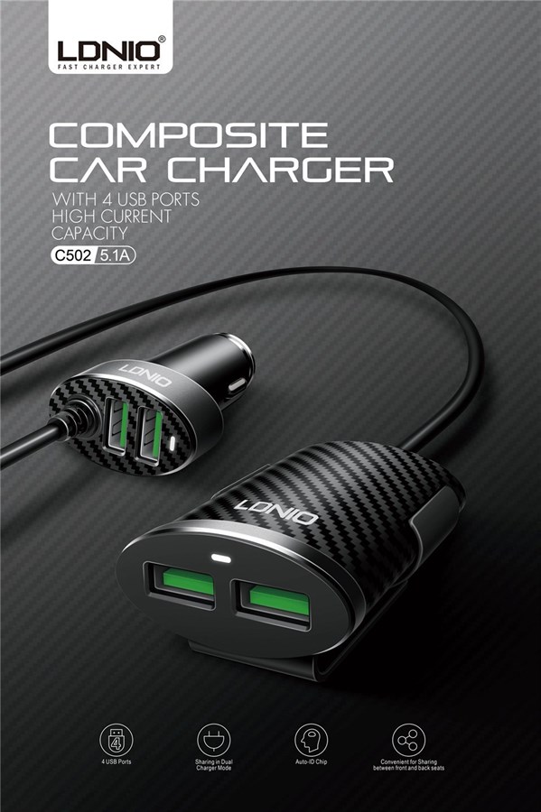 LDNIO C502 5.1A 4 Ports USB Car Charger With Extension Cable